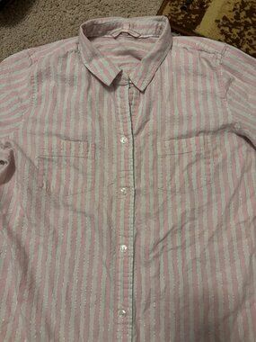 Victoria Secret Pink and White and Silver Sparkly Button Up Pajamas PJs Large